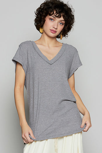 POL Ribbed Jersey Knit V-Neck Top in Charcoal