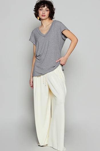 POL Ribbed Jersey Knit V-Neck Top in Charcoal