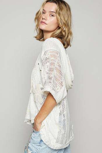 POL Ribbed Knit and Lace Top with Mixed Patches in Natural