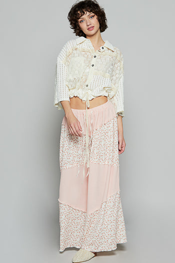 POL Textured Stipe and Floral Lace Top in Cream