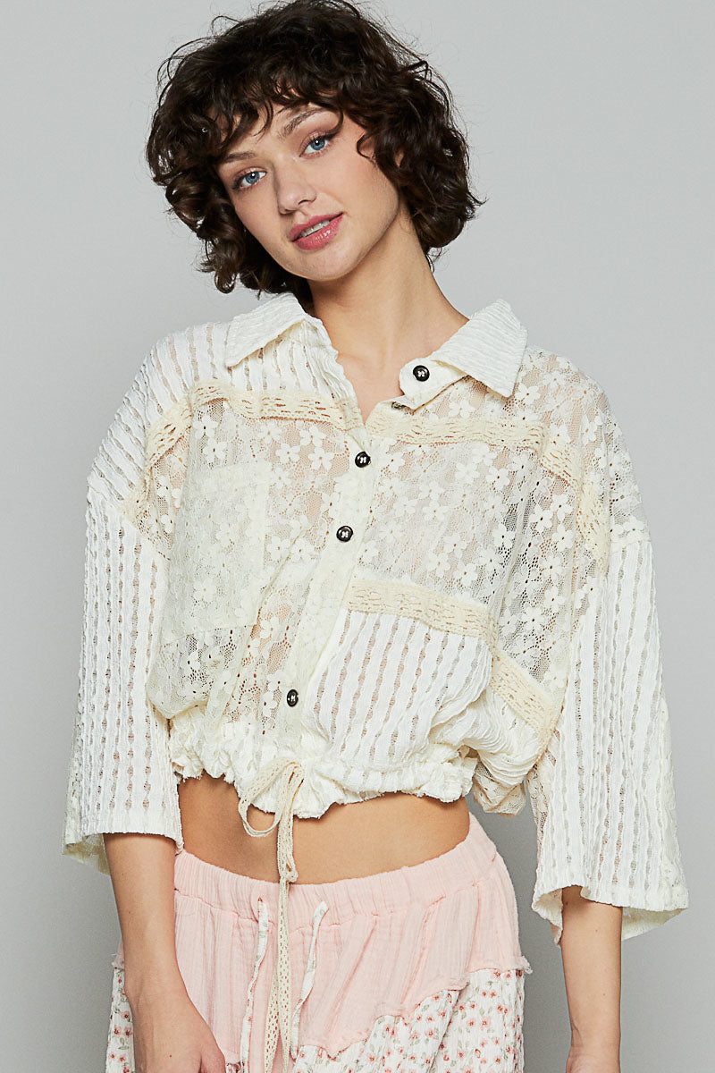 POL Textured Stipe and Floral Lace Top in Cream