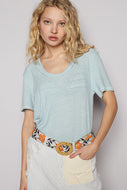 POL Ribbed Jersey Knit Round Neck Top in Baby Blue