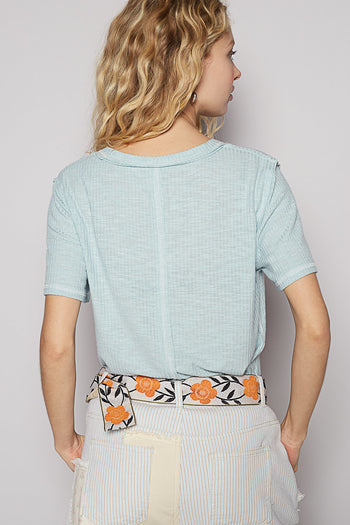 POL Ribbed Jersey Knit Round Neck Top in Baby Blue