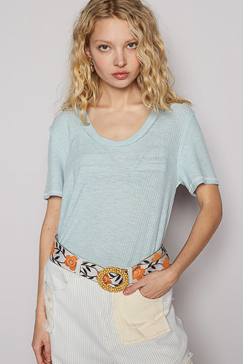 POL Ribbed Jersey Knit Round Neck Top in Baby Blue