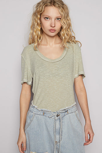 POL Ribbed Jersey Knit Round Neck Top in Dried Sage