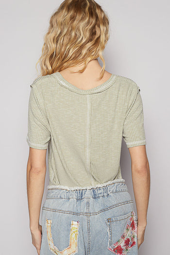 POL Ribbed Jersey Knit Round Neck Top in Dried Sage