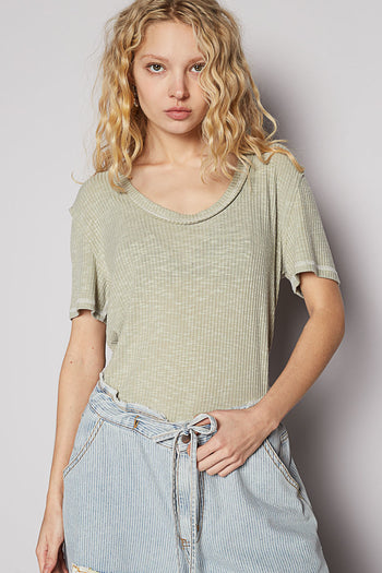 POL Ribbed Jersey Knit Round Neck Top in Dried Sage