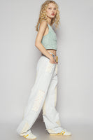 POL Denim Pants with Contrasting Patchwork Details in Mint Stripe