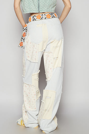 POL Denim Pants with Contrasting Patchwork Details in Mint Stripe