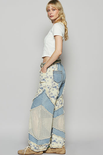 POL Denim Pants with Contrasting Floral and Crochet Panels in Denim