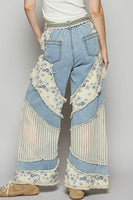 POL Denim Pants with Contrasting Floral and Crochet Panels in Denim