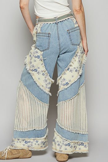POL Denim Pants with Contrasting Floral and Crochet Panels in Denim