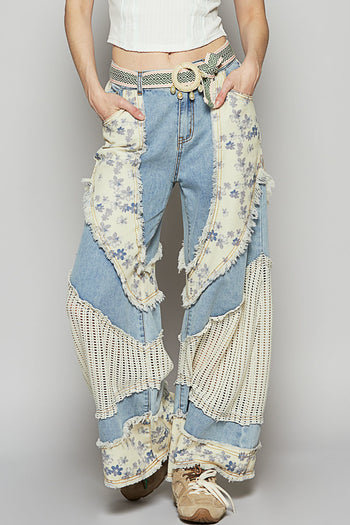 POL Denim Pants with Contrasting Floral and Crochet Panels in Denim