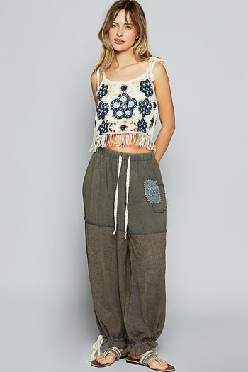 POL Floral Eyelet Lace and Double Gauze Joggers in Charcoal