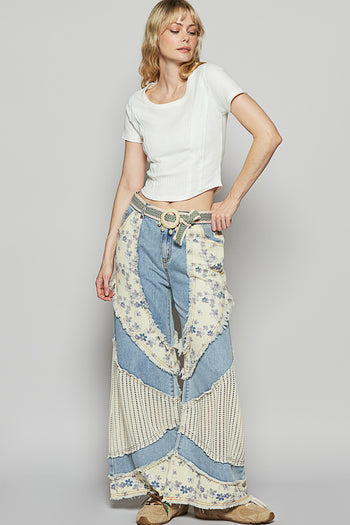 POL Denim Pants with Contrasting Floral and Crochet Panels in Denim