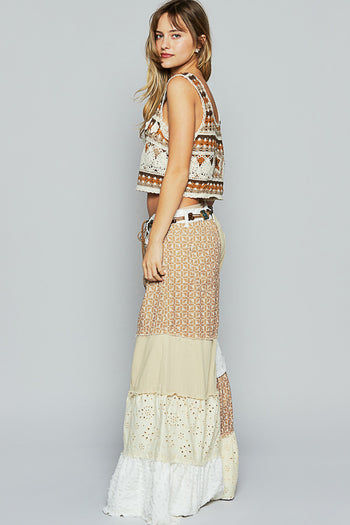 POL Contrasting Panel Patchwork Wide Leg Pants in Beige Multi