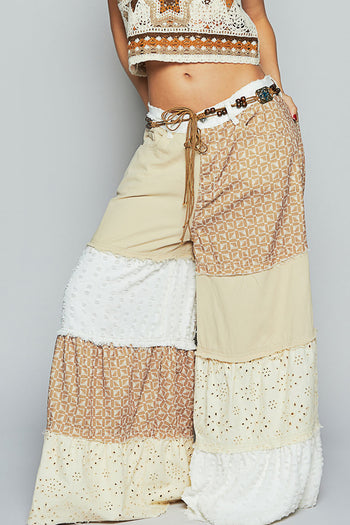 POL Contrasting Panel Patchwork Wide Leg Pants in Beige Multi