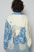POL Floral Print Twill and Lace Jacket in Denim Multi