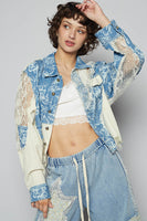POL Floral Print Twill and Lace Jacket in Denim Multi