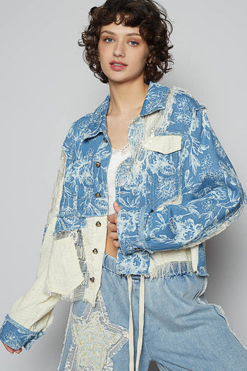 POL Floral Print Twill and Lace Jacket in Denim Multi