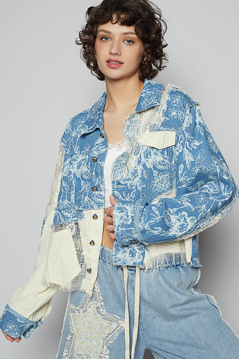 POL Floral Print Twill and Lace Jacket in Denim Multi