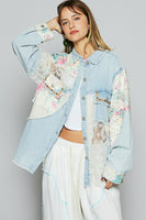 POL Twill Jacket with Floral and Lace Details in Denim