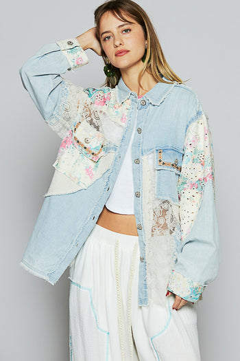 POL Twill Jacket with Floral and Lace Details in Denim