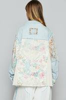POL Twill Jacket with Floral and Lace Details in Denim