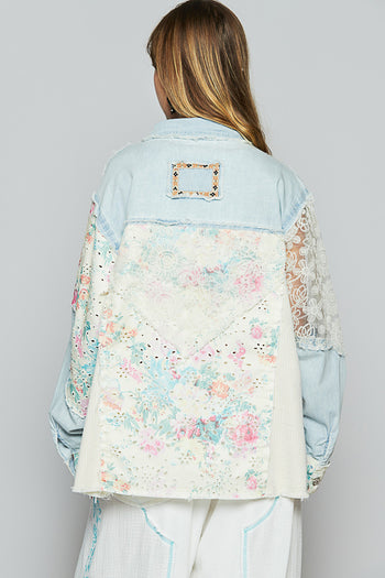 POL Twill Jacket with Floral and Lace Details in Denim