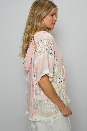 POL Ribbed Knit and Lace Top with Mixed Patches in Blush Pink