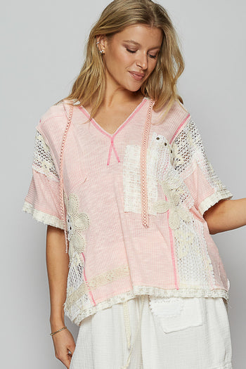POL Ribbed Knit and Lace Top with Mixed Patches in Blush Pink