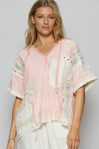 POL Ribbed Knit and Lace Top with Mixed Patches in Blush Pink
