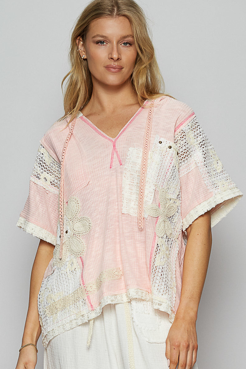 POL Ribbed Knit and Lace Top with Mixed Patches in Blush Pink