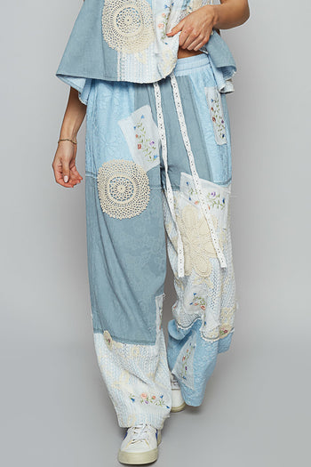 POL Mixed Print and Patched Pants in Sky Blue