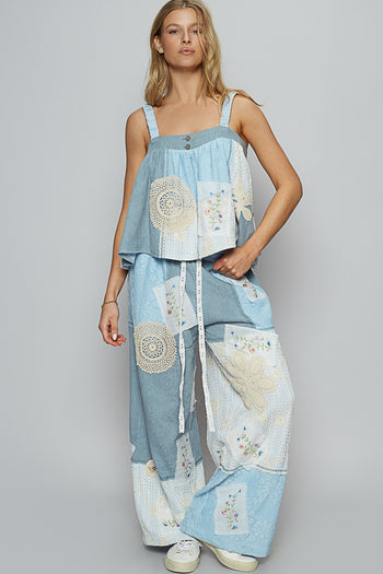 POL Mixed Print and Patched Pants in Sky Blue