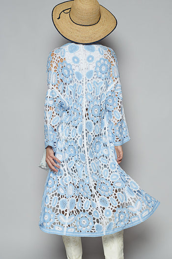 POL Open Front Crochet Cardigan in Blue