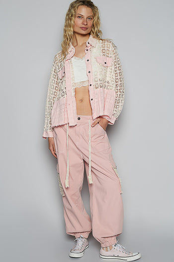 POL Square Block Lace and Double Gauze Top in Pink