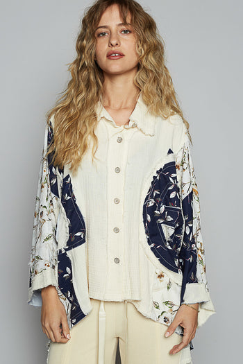 POL OVERSIZED Gauze and Floral Print Top in Natural Multi