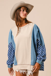 BiBi OVERSIZED Mixed Fabric Top with Stripes in Oatmeal