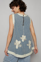 POL Denim Top with Double Gauze Flower Patches in Denim Multi