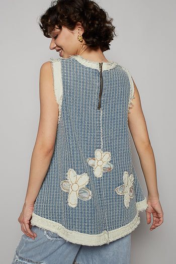POL Denim Top with Double Gauze Flower Patches in Denim Multi