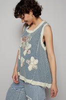 POL Denim Top with Double Gauze Flower Patches in Denim Multi