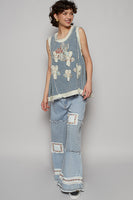 POL Denim Top with Double Gauze Flower Patches in Denim Multi