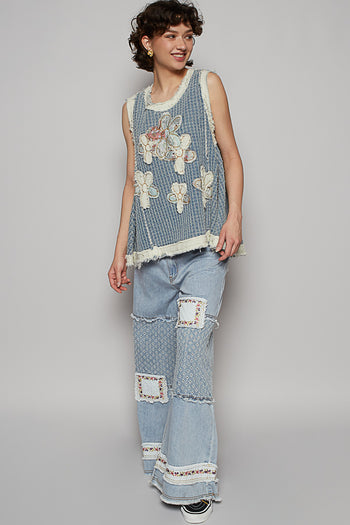 POL Denim Top with Double Gauze Flower Patches in Denim Multi