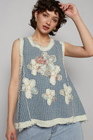 POL Denim Top with Double Gauze Flower Patches in Denim Multi