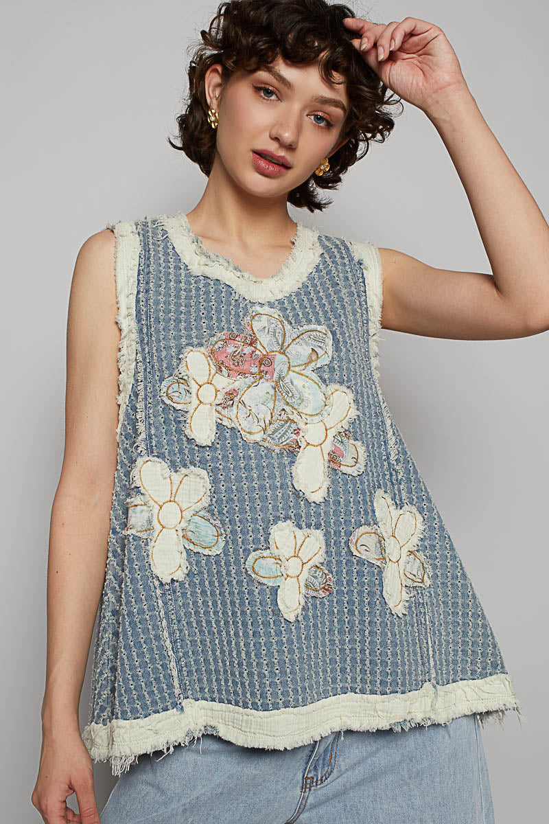 POL Denim Top with Double Gauze Flower Patches in Denim Multi