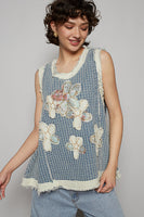 POL Denim Top with Double Gauze Flower Patches in Denim Multi