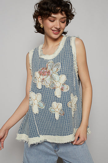 POL Denim Top with Double Gauze Flower Patches in Denim Multi
