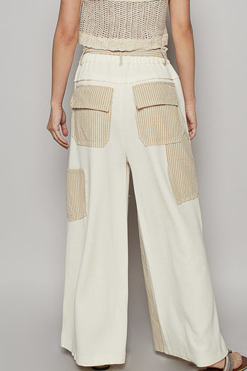 POL Mix n Match Woven Striped Print and Thermal Knit Pants in Sand Stripe