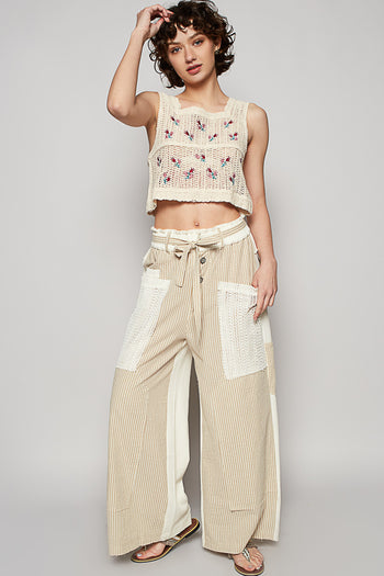 POL Mix n Match Woven Striped Print and Thermal Knit Pants in Sand Stripe